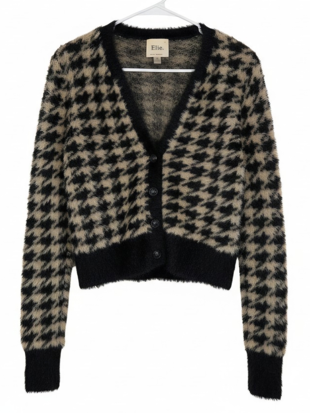 Houndstooth V-Neck Cardigan in Black and Cream
